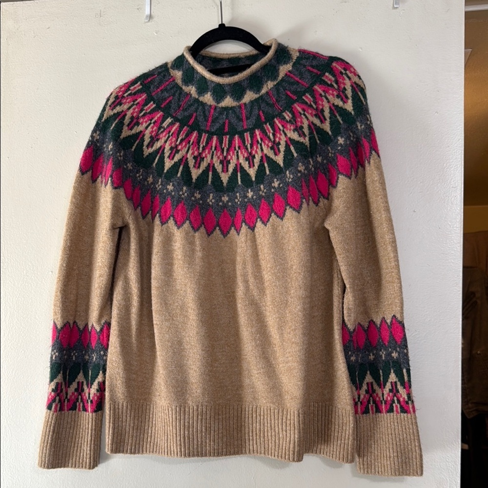Women's Tan and Pink Patterned Sweater